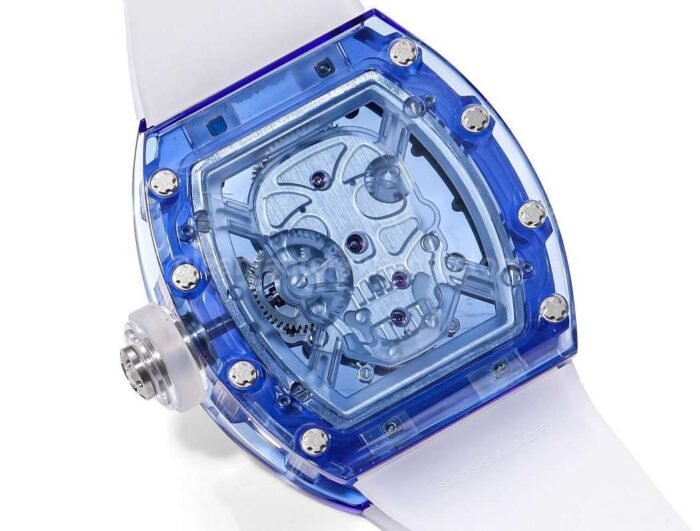 MS Factory Richard Mille RM052 Blue Sapphire Crystal Emulsion Rubber Strap Skeletonized Skull Black Dial - Image 8