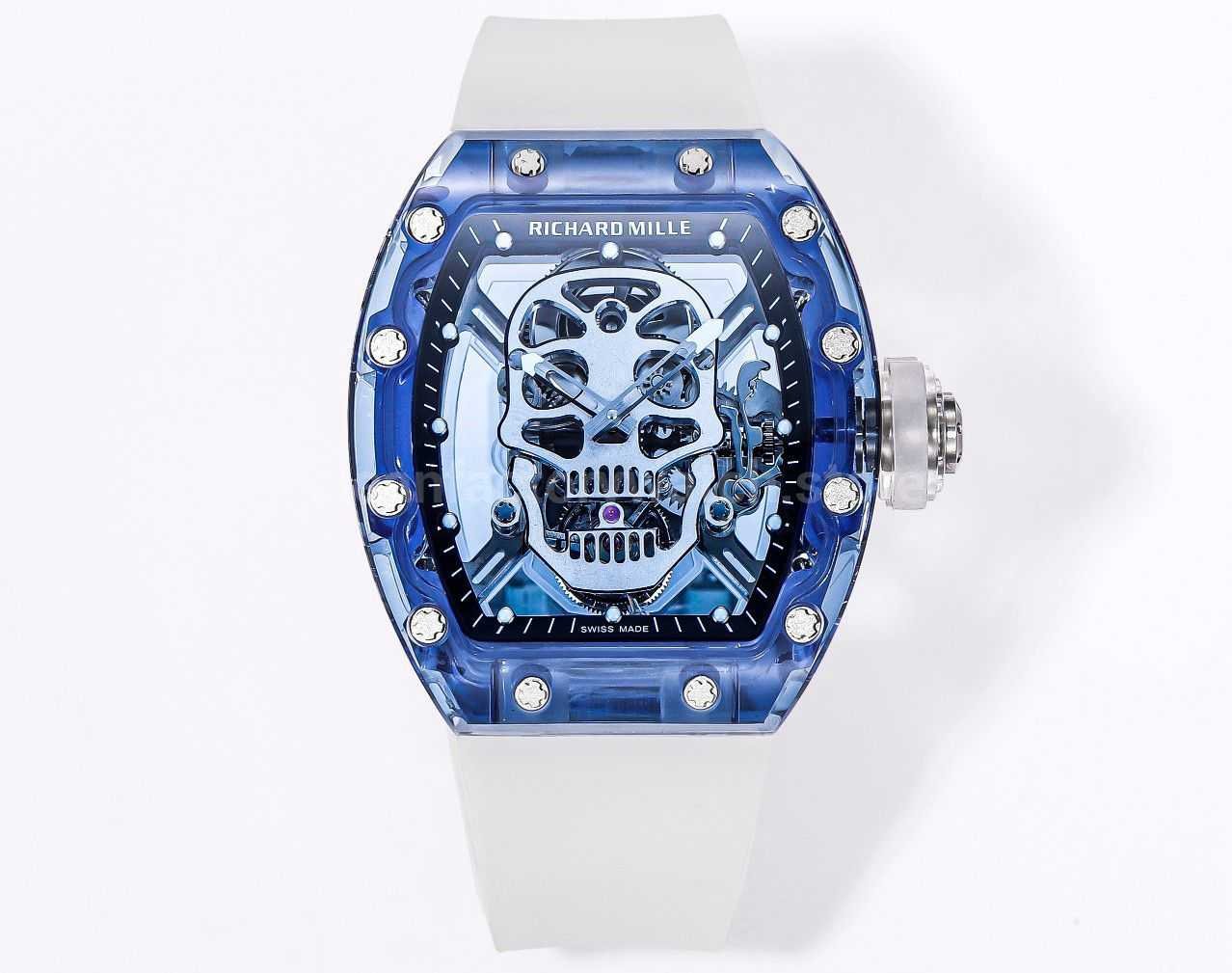 MS Factory Richard Mille RM052 Blue Sapphire Crystal Emulsion Rubber Strap Skeletonized Skull (1) MS Factory Richard Mille RM052 Blue Sapphire Crystal Emulsion Rubber Strap Skeletonized Skull Black Dial - Image 1