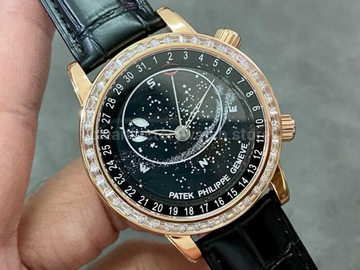 PP Factory Patek Philippe Celestial Moon 44mm 6104R-001 Rose Gold Diamond Bezel Leather Black Dial - Image 2