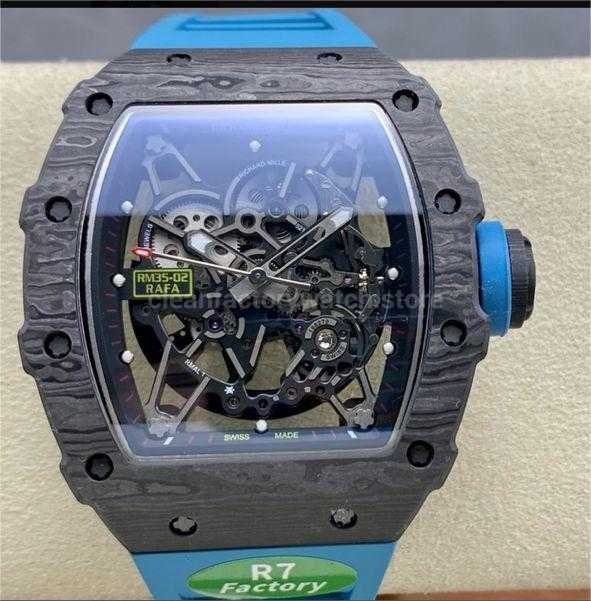 R7 Factory Richard Mille RM35-02 44.5mm Carbon Fiber Blue Rubber Strap Skeletonized Dial