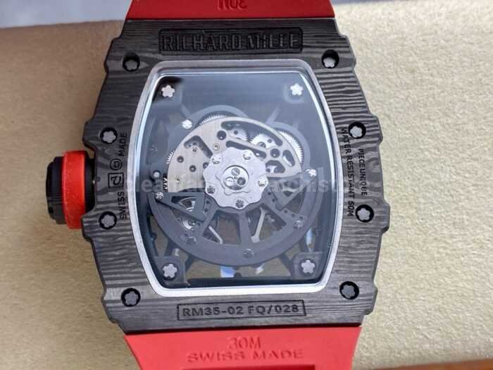R7 Factory Richard Mille RM35 02 44.5mm Carbon Fiber Red Rubber Strap Skeletonized Dial 1 Super Clone Watch,Clean Factory Watch