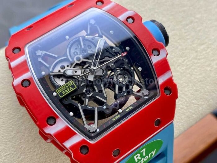 R7 Factory Richard Mille RM35-02 44.5mm Red Carbon Fiber Blue Rubber Strap Skeletonized Dial - Image 2