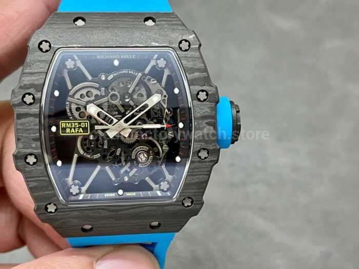 Sonic Factory Richard Mille RM 35 02 43mm Carbon Fiber Blue Rubber Strap Skeletonized Dial 6 Super Clone Watch,Clean Factory Watch