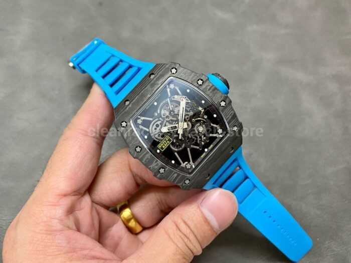 Sonic Factory Richard Mille RM 35 02 43mm Carbon Fiber Blue Rubber Strap Skeletonized Dial 8 Super Clone Watch,Clean Factory Watch