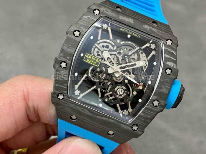 Sonic Factory Richard Mille RM 35 02 43mm Carbon Fiber Blue Rubber Strap Skeletonized Dial 9 Super Clone Watch,Clean Factory Watch