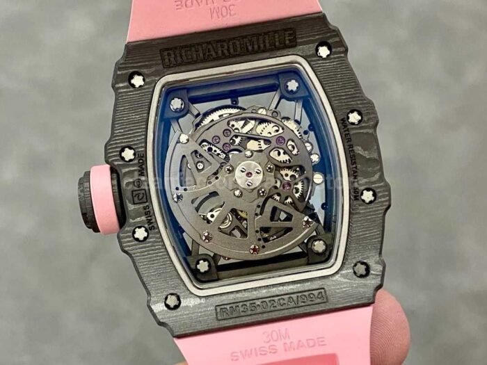 T+ Factory Richard Mille RM35-02 44.5mm Carbon Fiber Pink Rubber Strap Skeletonized Dial - Image 7