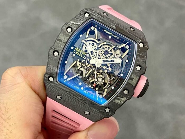 T+ Factory Richard Mille RM35-02 44.5mm Carbon Fiber Pink Rubber Strap Skeletonized Dial - Image 3
