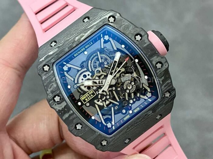 T+ Factory Richard Mille RM35-02 44.5mm Carbon Fiber Pink Rubber Strap Skeletonized Dial - Image 2