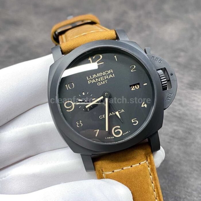 VS Factory Panerai Luminor 1950 3 Days GMT PAM 00441 44mm Black Ceramic Leather Strap Black Dial - Image 2