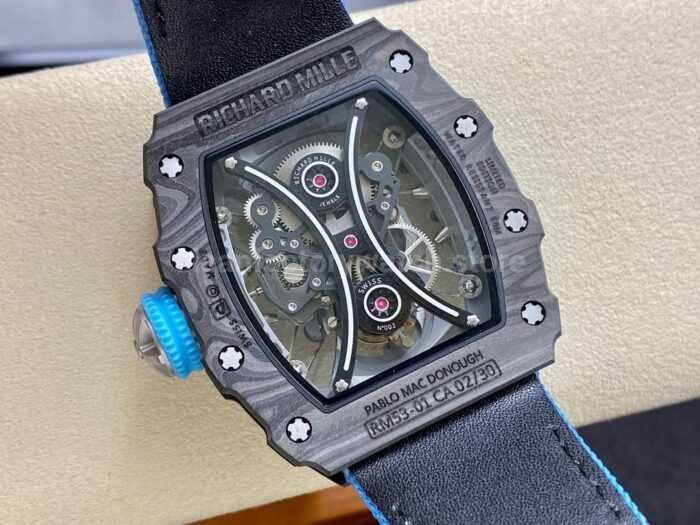 YS Factory Richard Mille RM 53 01 43mm Carbon Fiber Canvas Rubber Strap Skeletonized Black Dial 1 Super Clone Watch,Clean Factory Watch