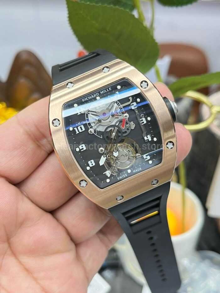 YS Factory Richard Mille RM001 43mm Rose Gold Titanium Rubber Strap Skeletonized Dial 1 Super Clone Watch,Clean Factory Watch