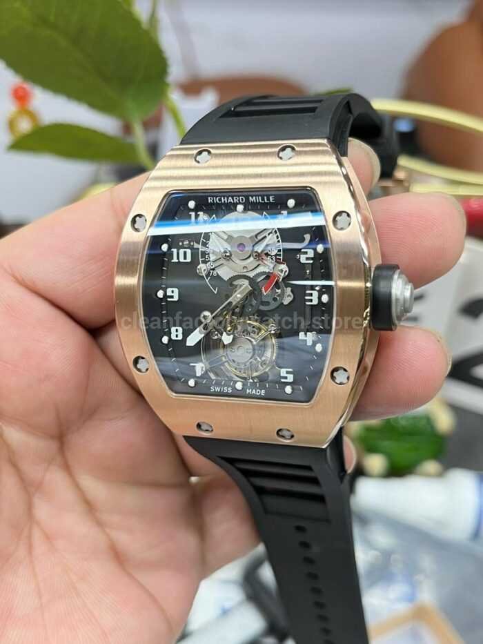 YS Factory Richard Mille RM001 43mm Rose Gold Titanium Rubber Strap Skeletonized Dial 4 Super Clone Watch,Clean Factory Watch