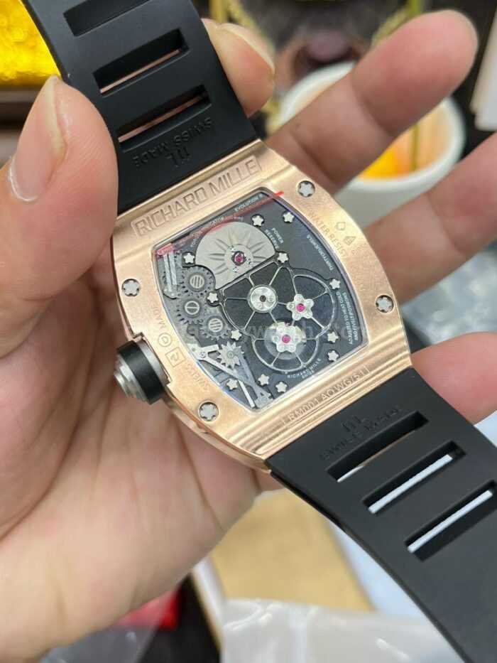 YS Factory Richard Mille RM001 43mm Rose Gold Titanium Rubber Strap Skeletonized Dial 5 Super Clone Watch,Clean Factory Watch