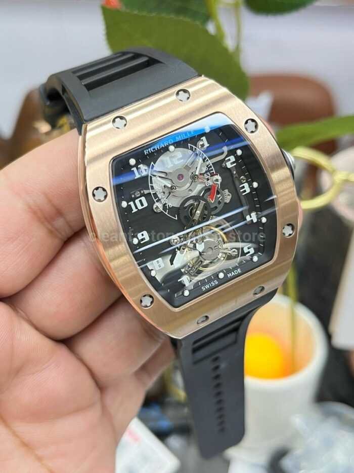 YS Factory Richard Mille RM001 43mm Rose Gold Titanium Rubber Strap Skeletonized Dial 6 Super Clone Watch,Clean Factory Watch