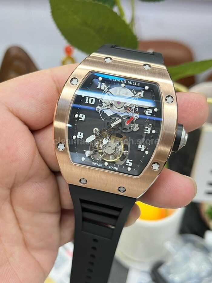 YS Factory Richard Mille RM001 43mm Rose Gold Titanium Rubber Strap Skeletonized Dial 7 Super Clone Watch,Clean Factory Watch