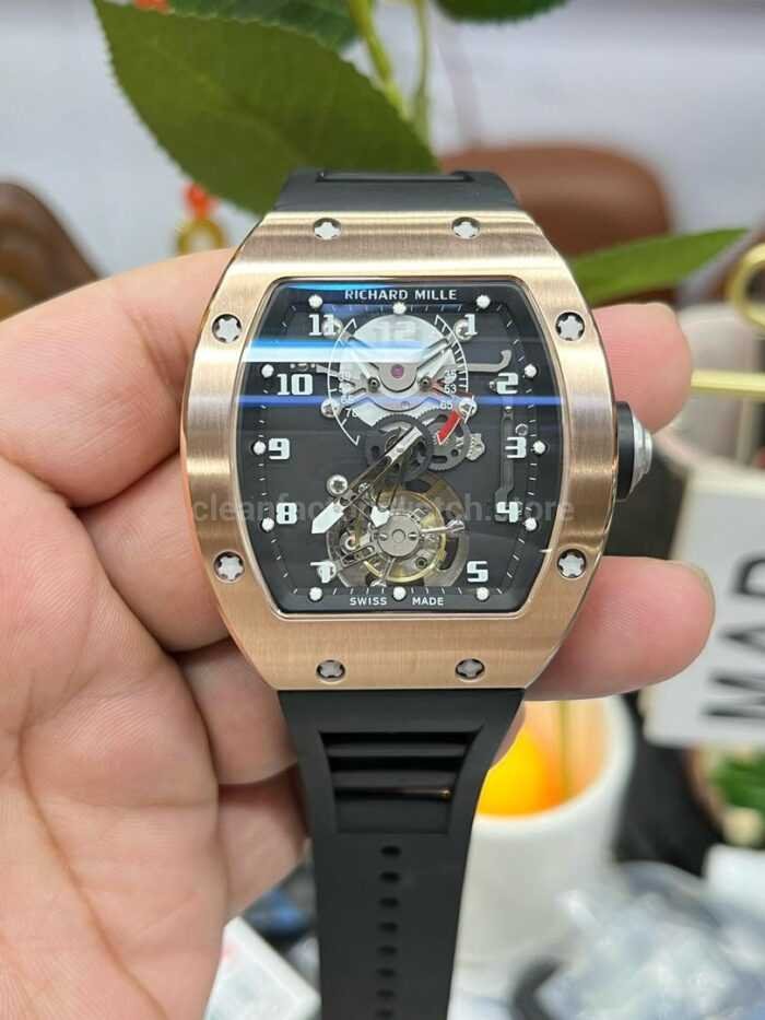 YS Factory Richard Mille RM001 43mm Rose Gold Titanium Rubber Strap Skeletonized Dial 8 Super Clone Watch,Clean Factory Watch