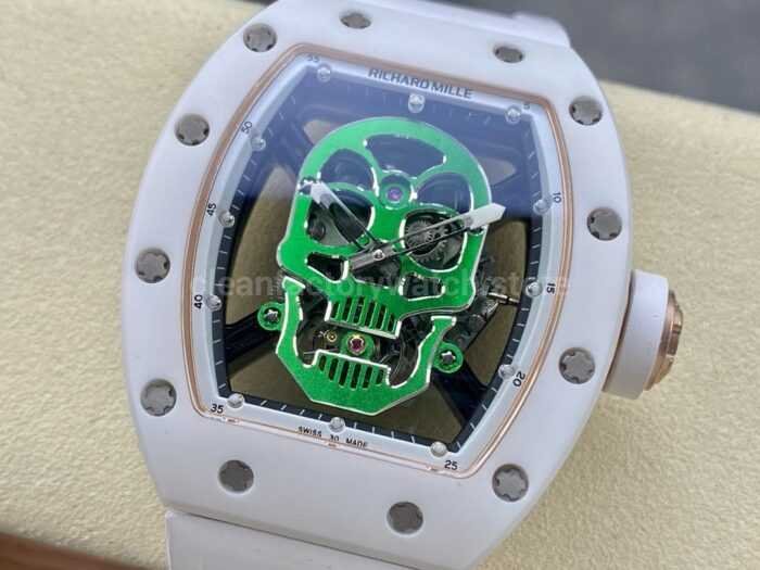 YS Factory Richard Mille RM052 44mm CeramicsTitanium White Rubber Strap Green Skeletonized Skull Super Clone Watch,Clean Factory Watch