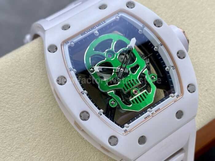 YS Factory Richard Mille RM052 44mm CeramicsTitanium White Rubber Strap Green Skeletonized Skull 3 Super Clone Watch,Clean Factory Watch