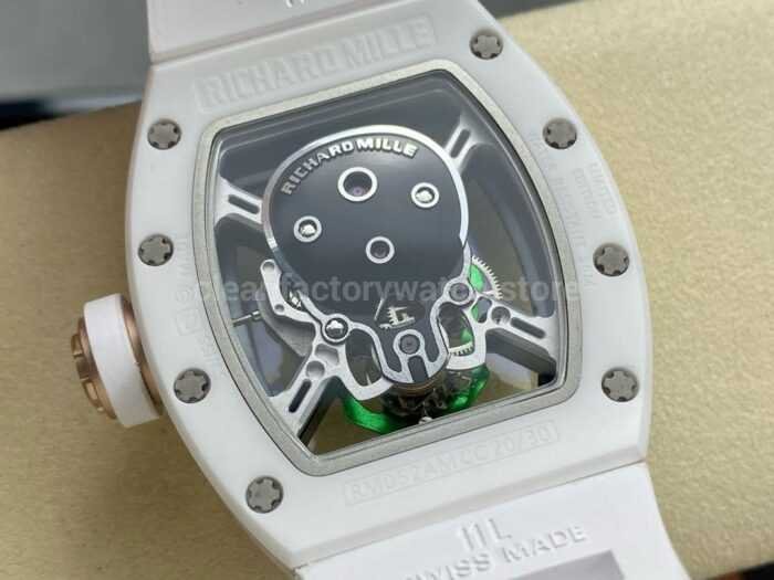 YS Factory Richard Mille RM052 44mm CeramicsTitanium White Rubber Strap Green Skeletonized Skull 7 Super Clone Watch,Clean Factory Watch