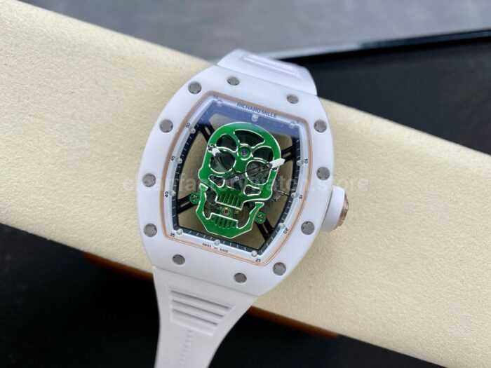 YS Factory Richard Mille RM052 44mm CeramicsTitanium White Rubber Strap Green Skeletonized Skull 9 Super Clone Watch,Clean Factory Watch