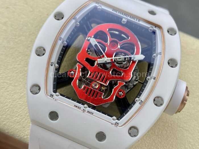 YS Factory Richard Mille RM052 44mm CeramicsTitanium White Rubber Strap Red Skeletonized Skull Dial 4 Super Clone Watch,Clean Factory Watch