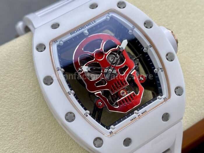 YS Factory Richard Mille RM052 44mm CeramicsTitanium White Rubber Strap Red Skeletonized Skull Dial Super Clone Watch,Clean Factory Watch