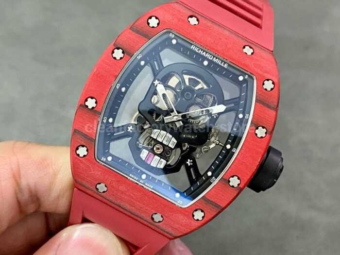 YS Factory Richard Mille Skull RM 52 01 44mm Full Red Carbon Fiber Red Rubber Strap Skelet 4 Super Clone Watch,Clean Factory Watch