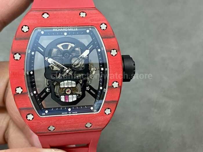 YS Factory Richard Mille Skull RM 52 01 44mm Full Red Carbon Fiber Red Rubber Strap Skelet 8 Super Clone Watch,Clean Factory Watch