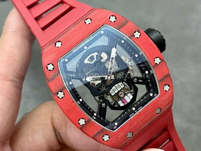 YS Factory Richard Mille Skull RM 52 01 44mm Full Red Carbon Fiber Red Rubber Strap Skeleton 1 Super Clone Watch,Clean Factory Watch