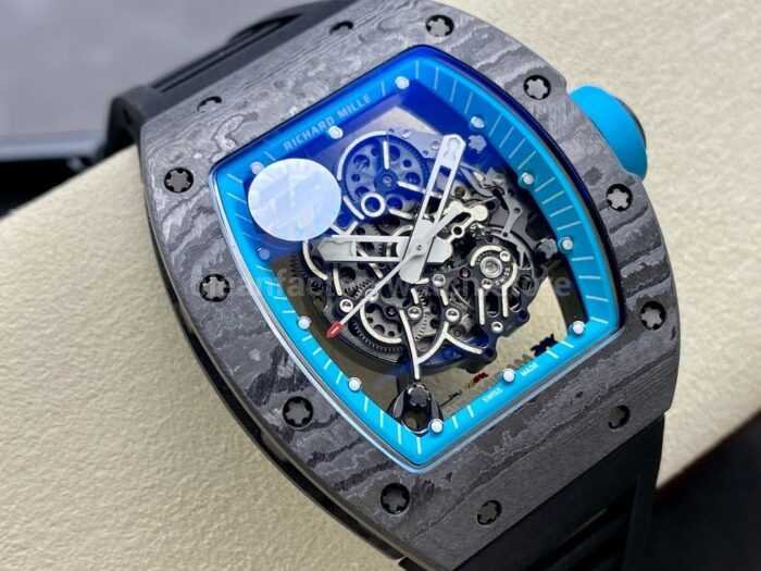 ZF Factory Richard Mille RM 055 42.7mm Carbon Fiber Black Rubber Strap Skeletonized Blue Dial 1 Super Clone Watch,Clean Factory Watch