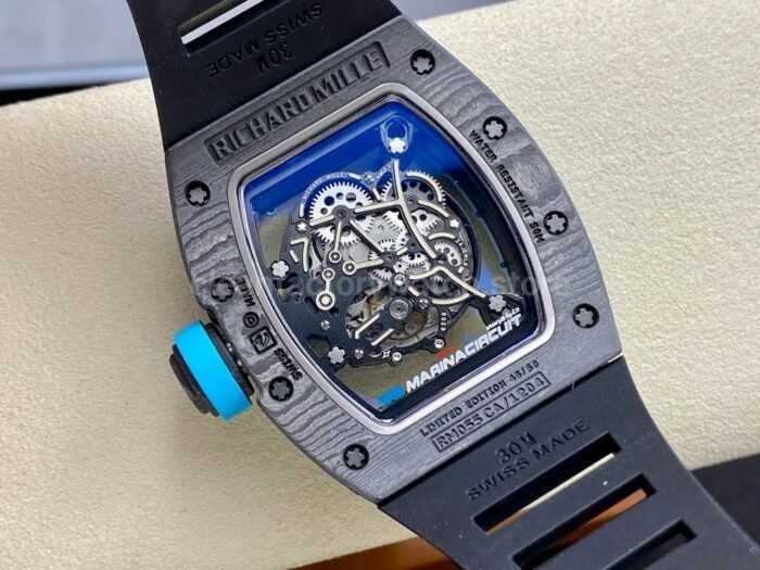 ZF Factory Richard Mille RM 055 42.7mm Carbon Fiber Black Rubber Strap Skeletonized Blue Dial 10 Super Clone Watch,Clean Factory Watch