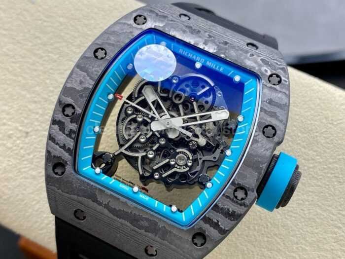 ZF Factory Richard Mille RM 055 42.7mm Carbon Fiber Black Rubber Strap Skeletonized Blue Dial 2 Super Clone Watch,Clean Factory Watch