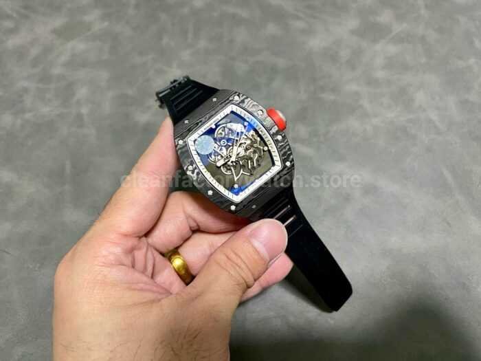 ZF Factory Richard Mille RM 055 42.7mm Carbon Fiber Black Rubber Strap Skeletonized White Dial 3 Super Clone Watch,Clean Factory Watch