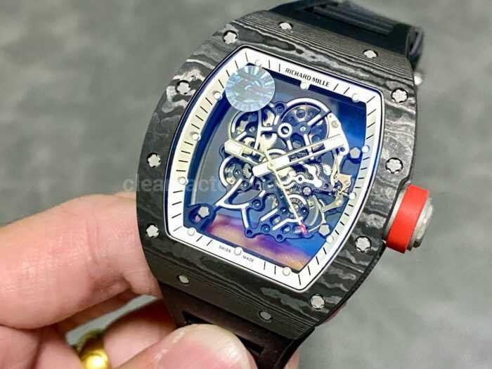 ZF Factory Richard Mille RM 055 42.7mm Carbon Fiber Black Rubber Strap Skeletonized White Dial 6 Super Clone Watch,Clean Factory Watch