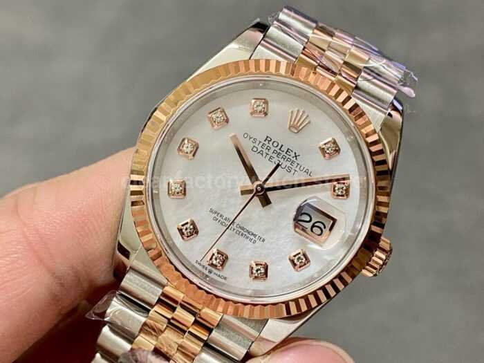 A Factory Rolex Datejust 126231 0021 36mm Half Rose Gold Diaond Mop Mother Of Pearl Dial Jubilee 3 Super Clone Watch,Clean Factory Watch