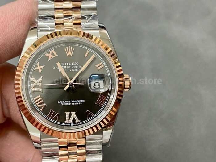 A Factory Rolex Datejust 126231 0023 36mm Half Rose Gold Roman NumeralsDiamond Grey Dial Jubilee 6 Super Clone Watch,Clean Factory Watch