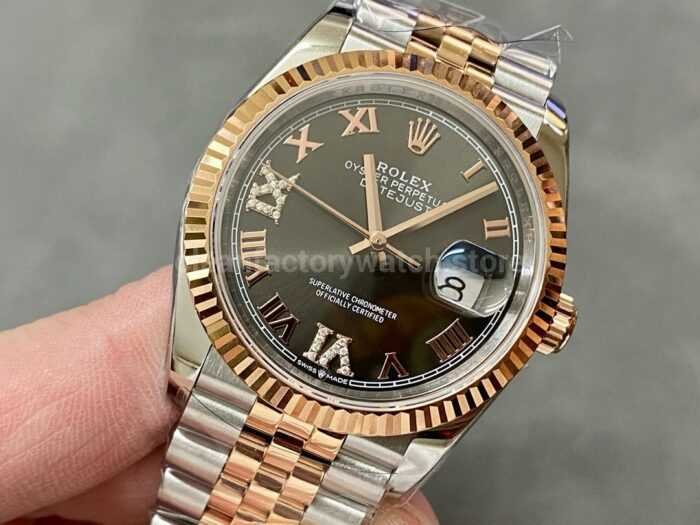 A Factory Rolex Datejust 126231 0023 36mm Half Rose Gold Roman NumeralsDiamond Grey Dial Jubilee 8 Super Clone Watch,Clean Factory Watch