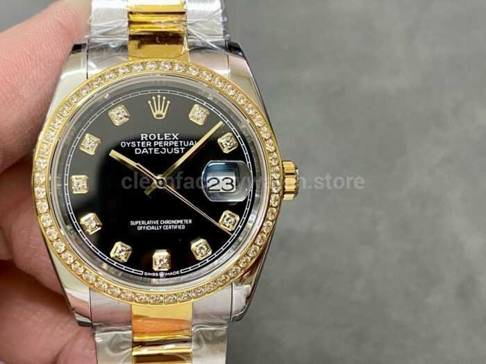 A Factory Rolex Datejust 126283RBR 0008 36mm Diamond Bezel Half Yellow Gold Diaond Mop Black Dial 12 Super Clone Watch,Clean Factory Watch