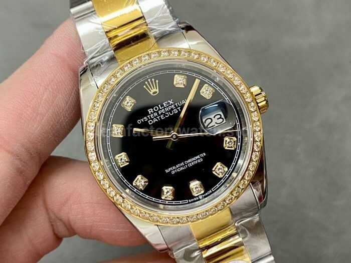 A Factory Rolex Datejust 126283RBR 0008 36mm Diamond Bezel Half Yellow Gold Diaond Mop Black Dial 15 Super Clone Watch,Clean Factory Watch