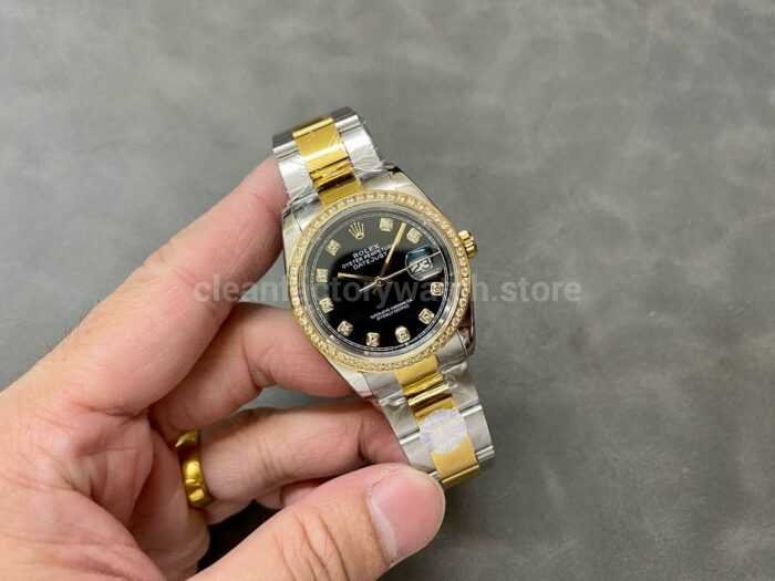 A Factory Rolex Datejust 126283RBR 0008 36mm Diamond Bezel Half Yellow Gold Diaond Mop Black Dial 4 Super Clone Watch,Clean Factory Watch