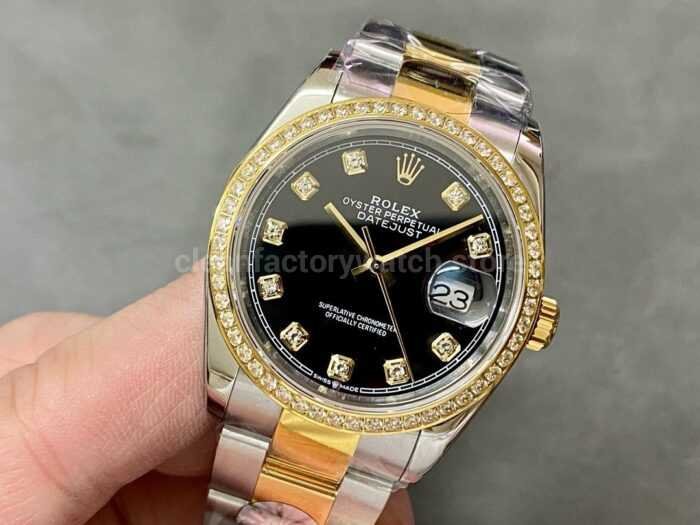 A Factory Rolex Datejust 126283RBR 0008 36mm Diamond Bezel Half Yellow Gold Diaond Mop Black Dial 8 Super Clone Watch,Clean Factory Watch