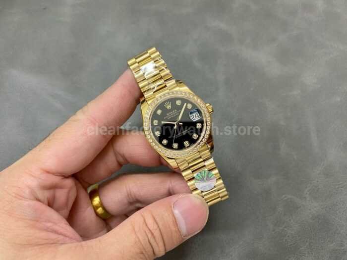 A Factory Rolex Datejust 178288 31mm Diamond Bezel Full Yellow Gold Diamond Mop Black Dial 9 Super Clone Watch,Clean Factory Watch