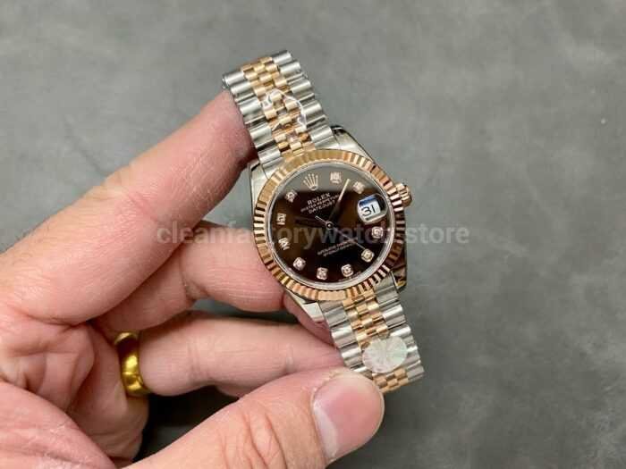 A Factory Rolex Datejust 278271 0028 31mm Half Rose Gold Diamond Mop Brown Dial Jubilee 4 Super Clone Watch,Clean Factory Watch