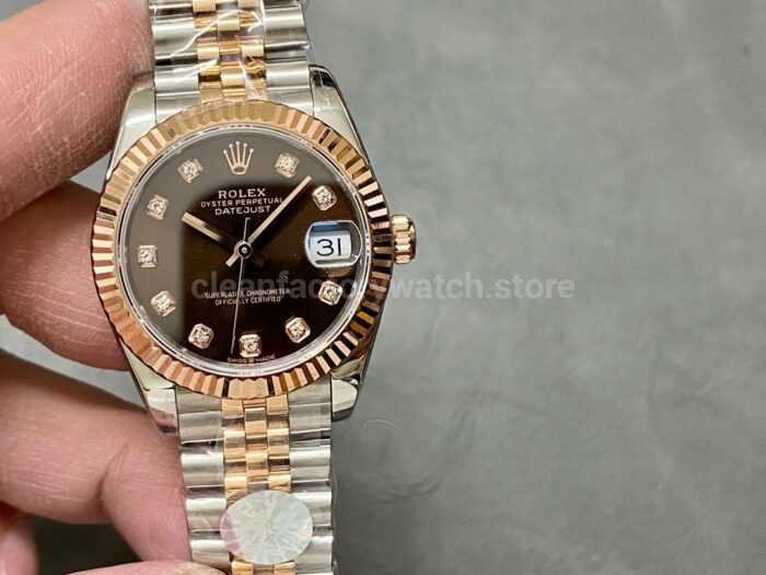 A Factory Rolex Datejust 278271 0028 31mm Half Rose Gold Diamond Mop Brown Dial Jubilee 5 Super Clone Watch,Clean Factory Watch