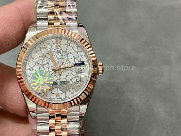 A Factory Rolex Datejust 278271 0032 31mm Half Rose Gold Silver Floral Motif Diamond Set Dial Jubilee 4 Super Clone Watch,Clean Factory Watch