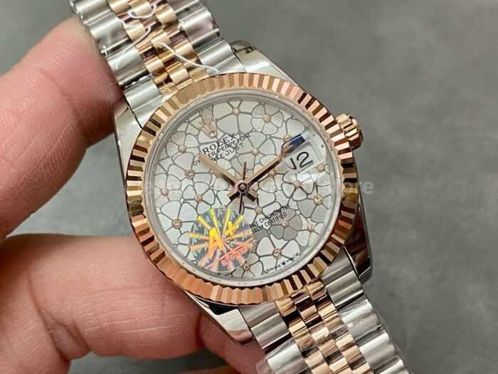 A Factory Rolex Datejust 278271 0032 31mm Half Rose Gold Silver Floral Motif Diamond Set Dial Jubilee 8 Super Clone Watch,Clean Factory Watch