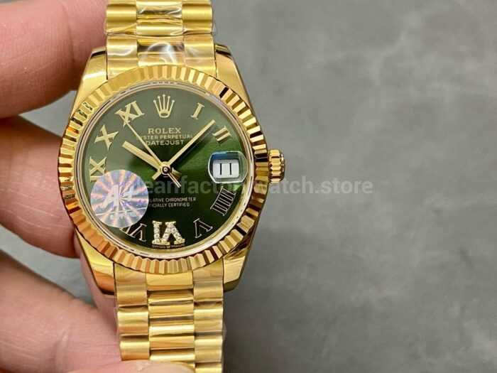 A Factory Rolex Datejust 278278 0030 31mm Full Yellow Gold Roman NumeralsDiamond Green Dial 1 Super Clone Watch,Clean Factory Watch
