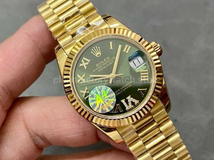 A Factory Rolex Datejust 278278 0030 31mm Full Yellow Gold Roman NumeralsDiamond Green Dial 8 Super Clone Watch,Clean Factory Watch