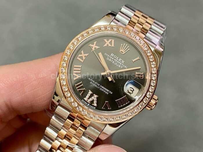 A Factory Rolex Datejust 278381RBR 0030 31mm Diamond Bezel Half Rose Gold Roman NumeralsDia 9 Super Clone Watch,Clean Factory Watch