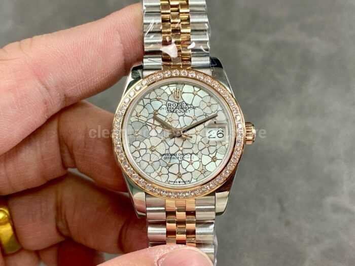 A Factory Rolex Datejust 278381RBR 0032 31mm Diamond Bezel Half Rose Gold Silver Floral 5 Super Clone Watch,Clean Factory Watch